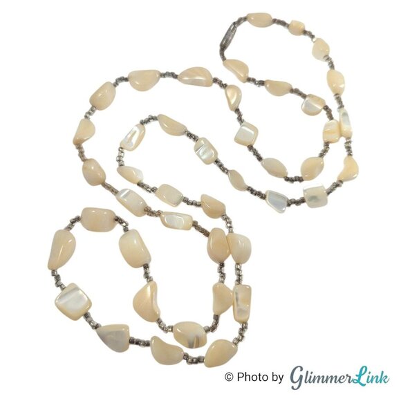 Vintage Long Mother of Pearl Shell Nugget Bead Seed Bead Necklace - Picture 6 of 13